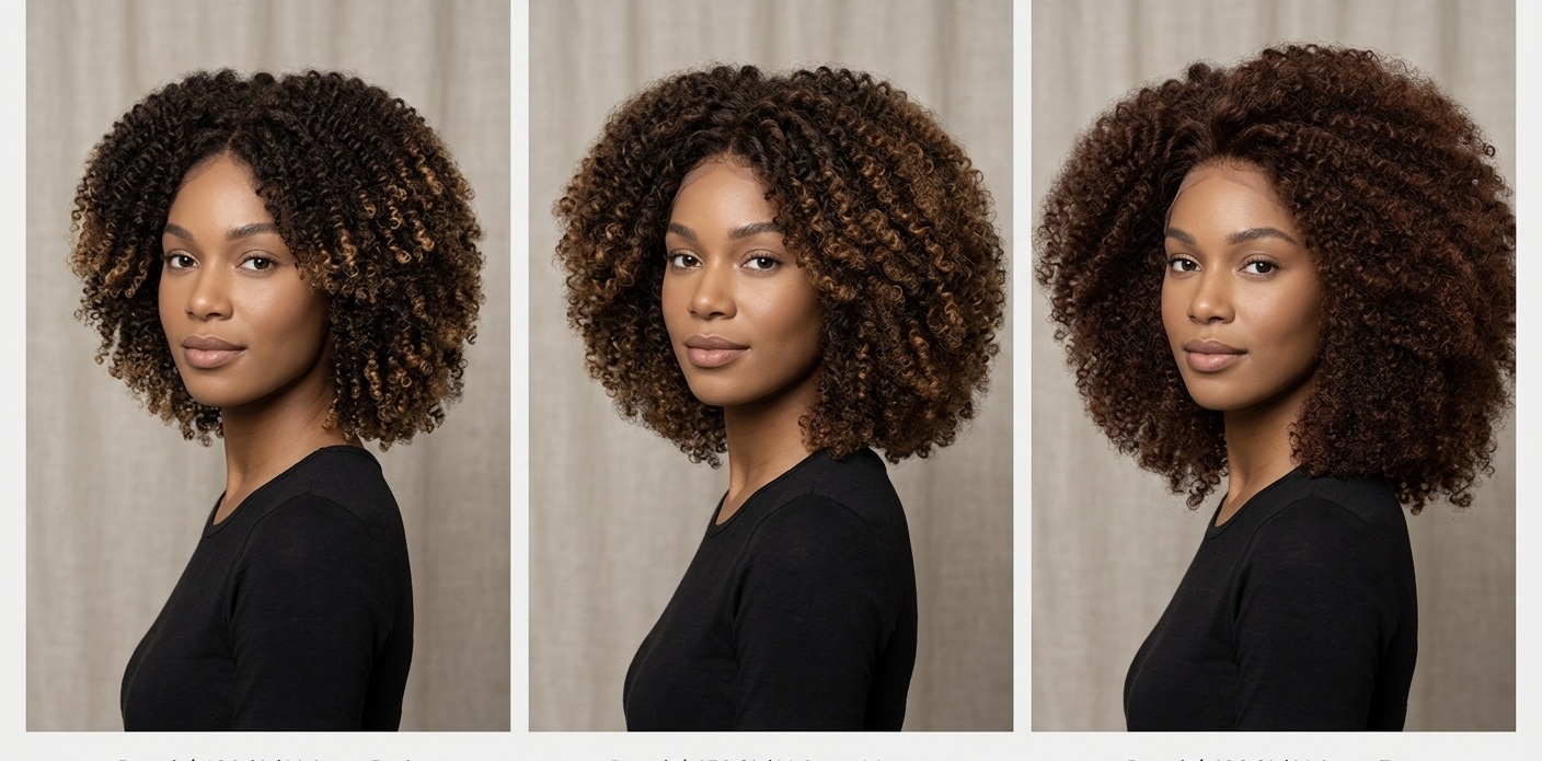 Comparaison des densités : 130 %, 150 % et 180 % sur cheveux texturés