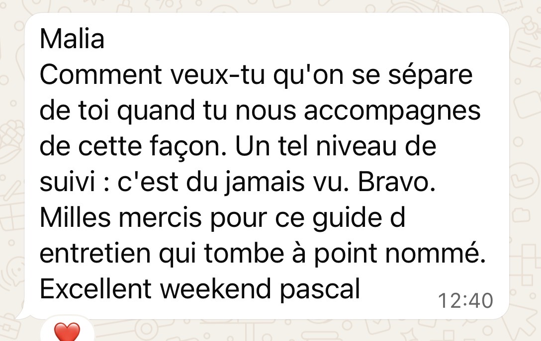 Message d'une cliente TBW sur la qualité du suivi et du guide d'entretien