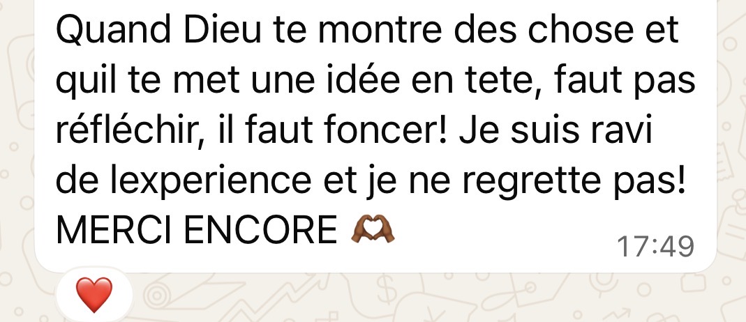 Message d'une cliente TBW ravie de l'expérience et sans regret