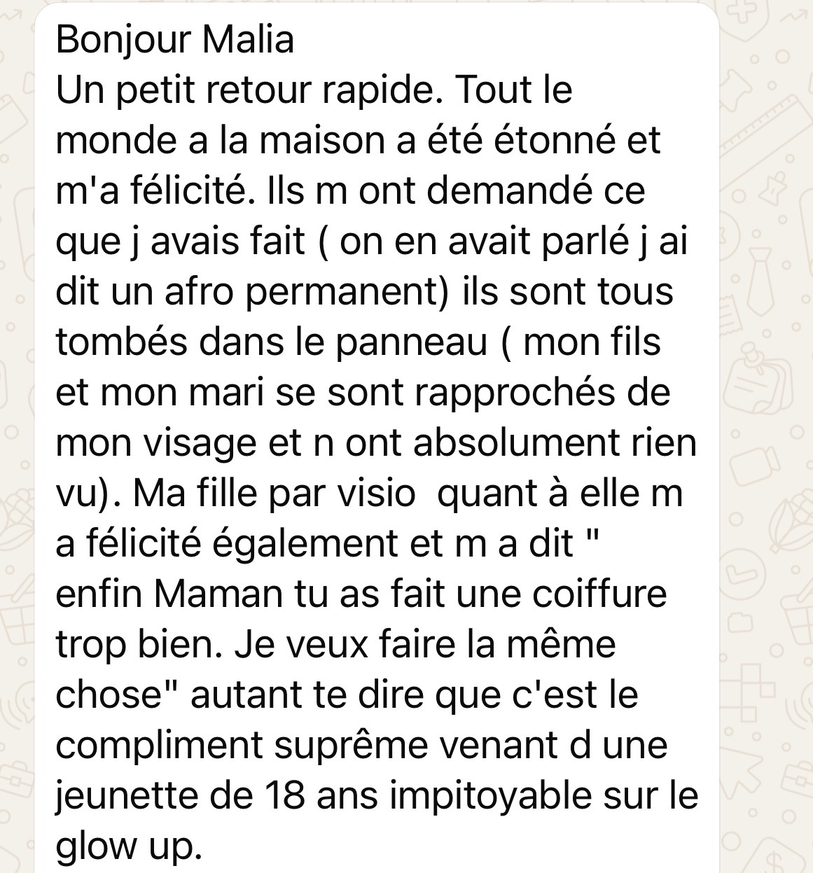 Message d'une cliente TBW dont l'entourage n'a rien remarqué, complimentée par sa fille