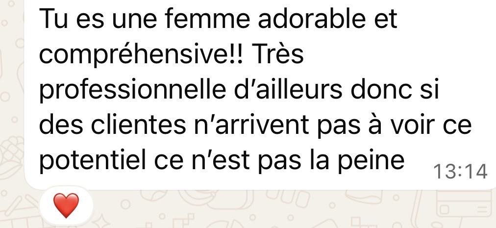 Message d'une cliente TBW saluant le professionnalisme de Malia