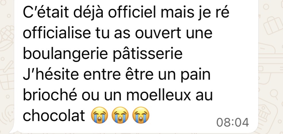 Message d'une cliente TBW hésitant entre deux textures, très enthousiaste